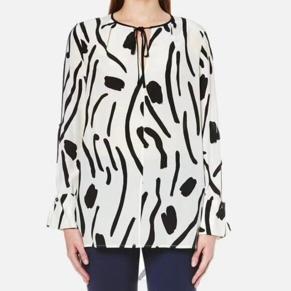 Diane Von Furstenberg DVF 100% Silk Printed Slit Sleeve Blouse Black White Sz 6 - Picture 1 of 14